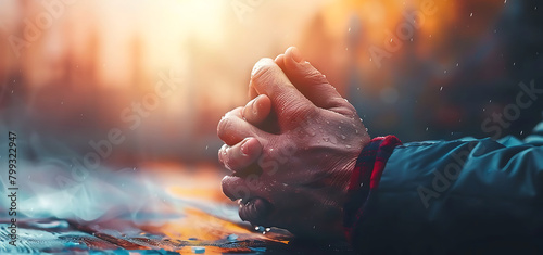 Praying hands with faith in religion and belief in God on dark background 3d render photo