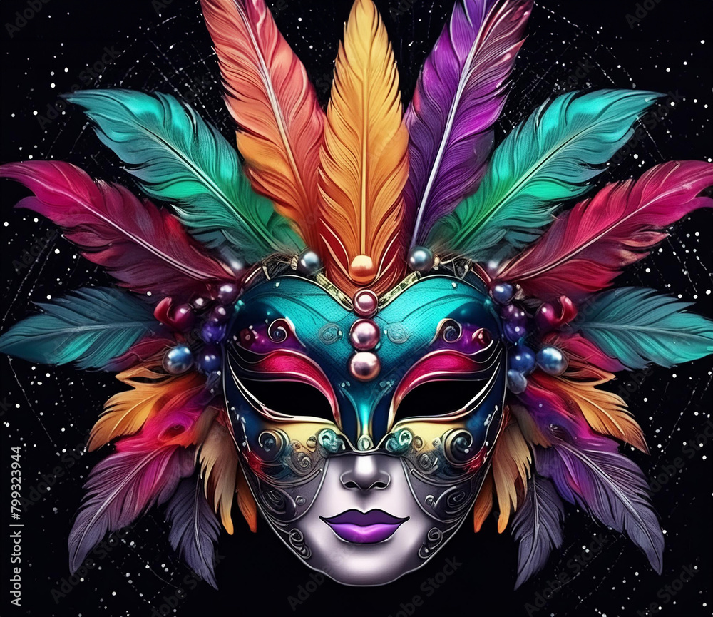 colorful carnival mask with feathers isolated on BLACK background