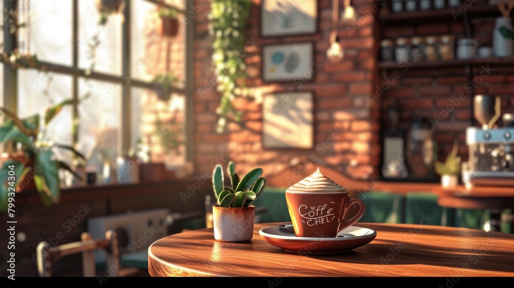 Hot coffee or cappuccino with beautiful latte art cup placed on table at cozy coffee shop. Empty coffee shop interior with wooden table decorated with green plant with vintage style. No people. AIG42.