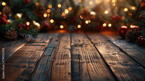 wooden desk table top with christmas and new year decor blur in background   space for text or products   business mockup Empty display for product montage