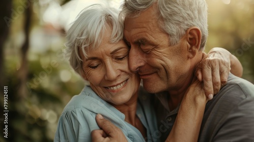 Senior couple kiss and hug in park, garden, and nature for love, care, and happiness. Retirement of loving partner, rest and support in marriage, quality time or outdoor photo