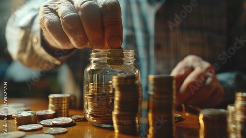 Investment, profit, finance notion of silver change, currency, and money on a table in rows and stacks. Budget and banking: hand counting, stacking, and holding silver on surface photo