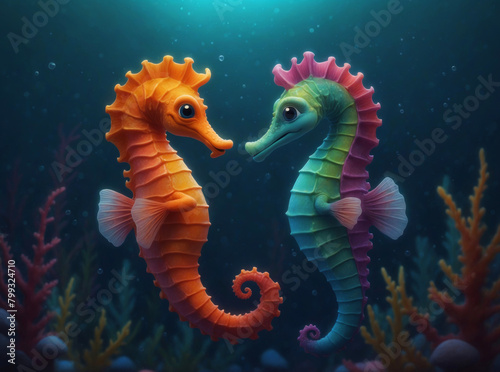 Two colorful cute seahorses