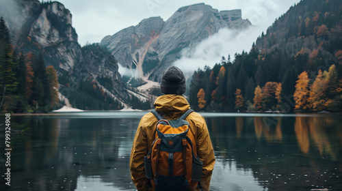 A man wearing a yellow jacket and backpack stands on a lake