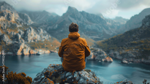 A man is sitting on a rock overlooking a lake 