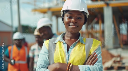Outdoor photo of woman, architect, arms crossed, construction site maintenance, contractor job, and smiling. Professional, confident civil engineering, urban infrastructure, refurbishment photo