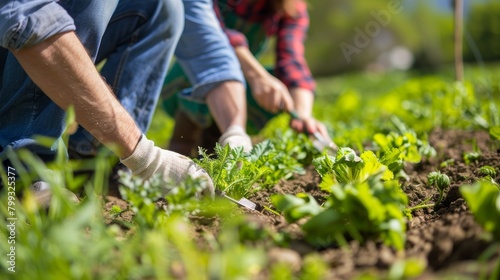 Organic and sustainable farmers cultivating plants outdoors. Women and men engage in agriculture by planting vegetables or seedlings on fertile terrain.