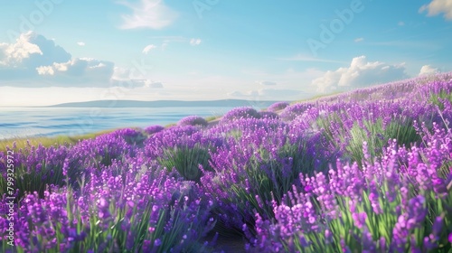 the South French landscape with lavender fields and the tranquil sea in a live action shot  showcasing a modern minimalist style with realistic  long shots and super high-quality details.