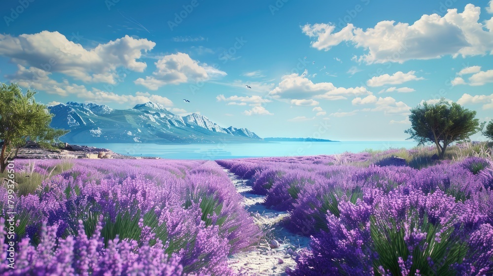 Fototapeta premium the South French landscape with lavender fields and the tranquil sea in a live action shot, showcasing a modern minimalist style with realistic, long shots and super high-quality details.