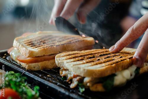 An intimate shot of a woman pressing down on a panini press, with the grill marks forming on the surface of the sandwich as it cooks, steam rising from the edges, evoking the mouth photo