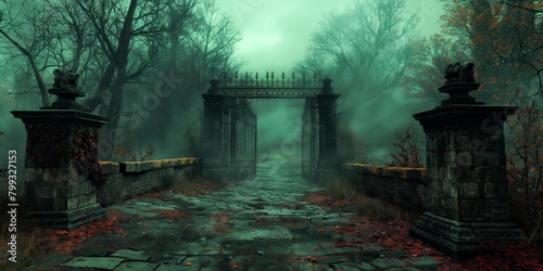 Old gothic gate amidst a mist-covered forest. World goth day.