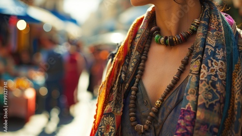 chunky necklace and patterned scarf worn by a woman, with market stalls blurred in the background,