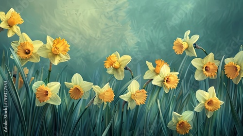 the vibrant beauty of a flowerbed brimming with daffodils, painting a picturesque scene of nature's awakening. photo