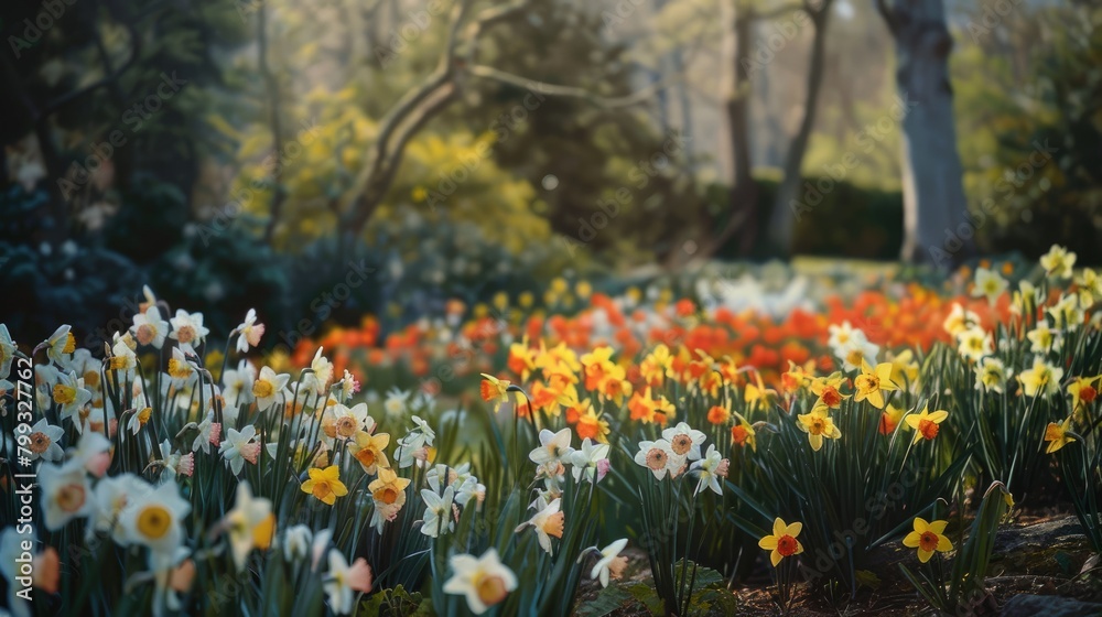 the vibrant beauty of a flowerbed brimming with daffodils, painting a picturesque scene of nature's awakening.