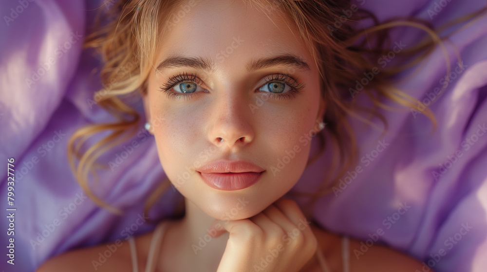 Young woman touch chin thoughtful dressed stylish green clothes isolated on violet color background Young woman touch chin thoughtful dressed stylish green clothes isolated on violet color background
