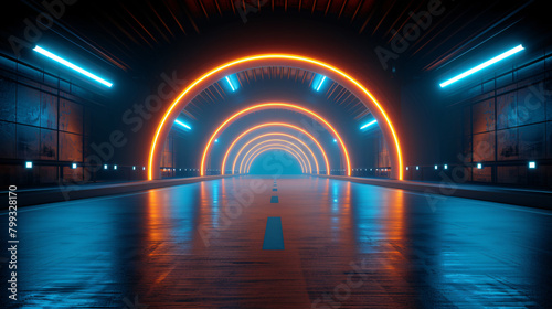 Futuristic Neon-Lit Tunnel with Circular Light Patterns