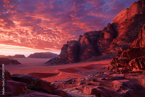 This image of Jordan's Wadi Rum desert, with its reddish-pink sky overhead, resembles the surface of Mars. It has served as a filming setting for numerous science fiction productions.