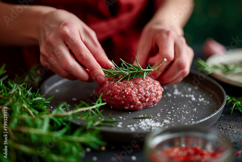 A close-up photograph capturing a woman's hands forming ground beef into patties, with spices and seasonings mixed in, showcasing the initial steps of crafting homemade burger patt photo