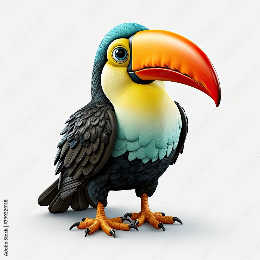 Fototapeta premium Cartoon character toucan concept art isolated. Magical fairytale bird toucan 3d illustration for print of clothing, stationery, books, goods. 3D banner of a toy toucan.