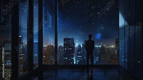 the city skyline from a window perspective late at night, featuring a solitary figure gazing out from a tall building, surrounded by the starry sky 