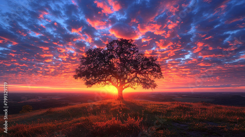 A tree is silhouetted against a beautiful sunset sky