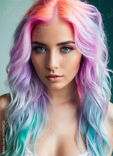  A young woman stunning woman with flowing pastel neon hair that cascades like a waterfall, her vibrant iridescent tresses illuminate the room with a gentle, ethereal glow