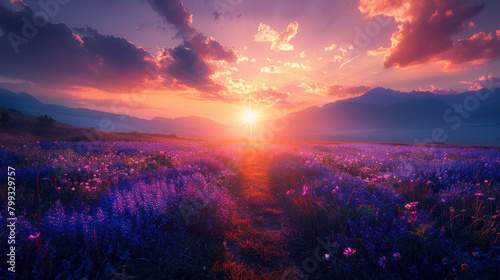 A field of purple flowers with a sun in the sky #799329757