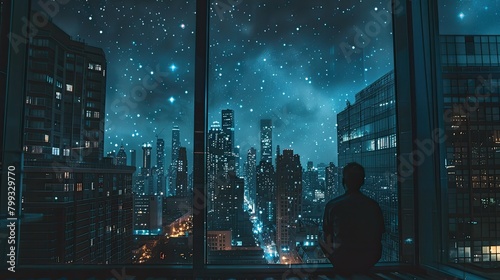the city skyline from a window perspective late at night, featuring a solitary figure gazing out from a tall building, surrounded by the starry sky 