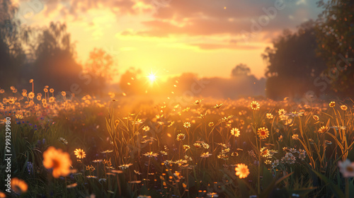 A field of flowers is bathed in the warm glow of the setting sun © ART IS AN EXPLOSION.