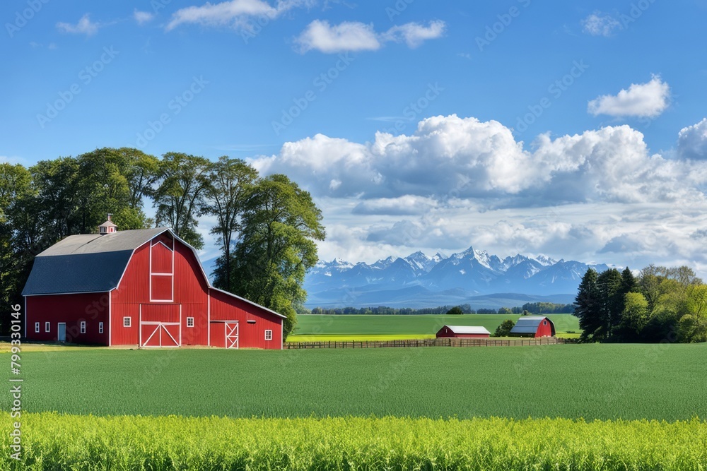 Calm rural outlook highlighting dynamic farmland and a classic red barn standing out against the bright blue sky for a timeless rural charm.