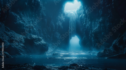 A deep blue cave with a waterfall and a small opening