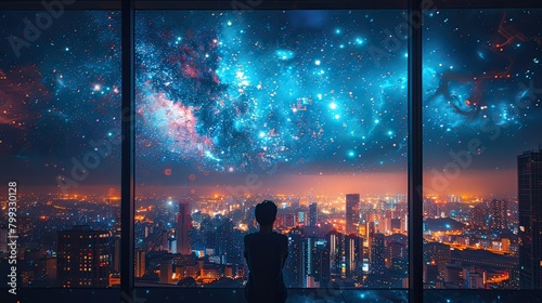 the city skyline from a window perspective late at night, featuring a solitary figure gazing out from a tall building, surrounded by the starry sky
