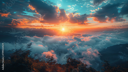 A beautiful sunset over a mountain range with clouds in the sky