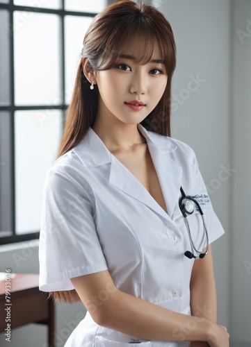 korean nurse working inside the hospital, white nurse uiform photo