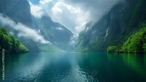 A beautiful lake surrounded by mountains with a cloudy sky in the background