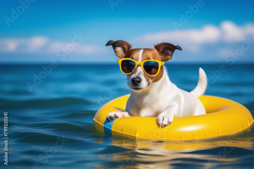 Jack russell dog in sunglasses, swimming in the swimming pool. Holiday, vacation concept.