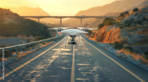 A drone with a camera flying over a highway road during sunset, with a blurred bridge and mountains in the background. © Nonna