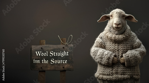 A sheep wearing a knitted wool sweater stands next to a wooden sign that reads "Wool Straight from the Source"