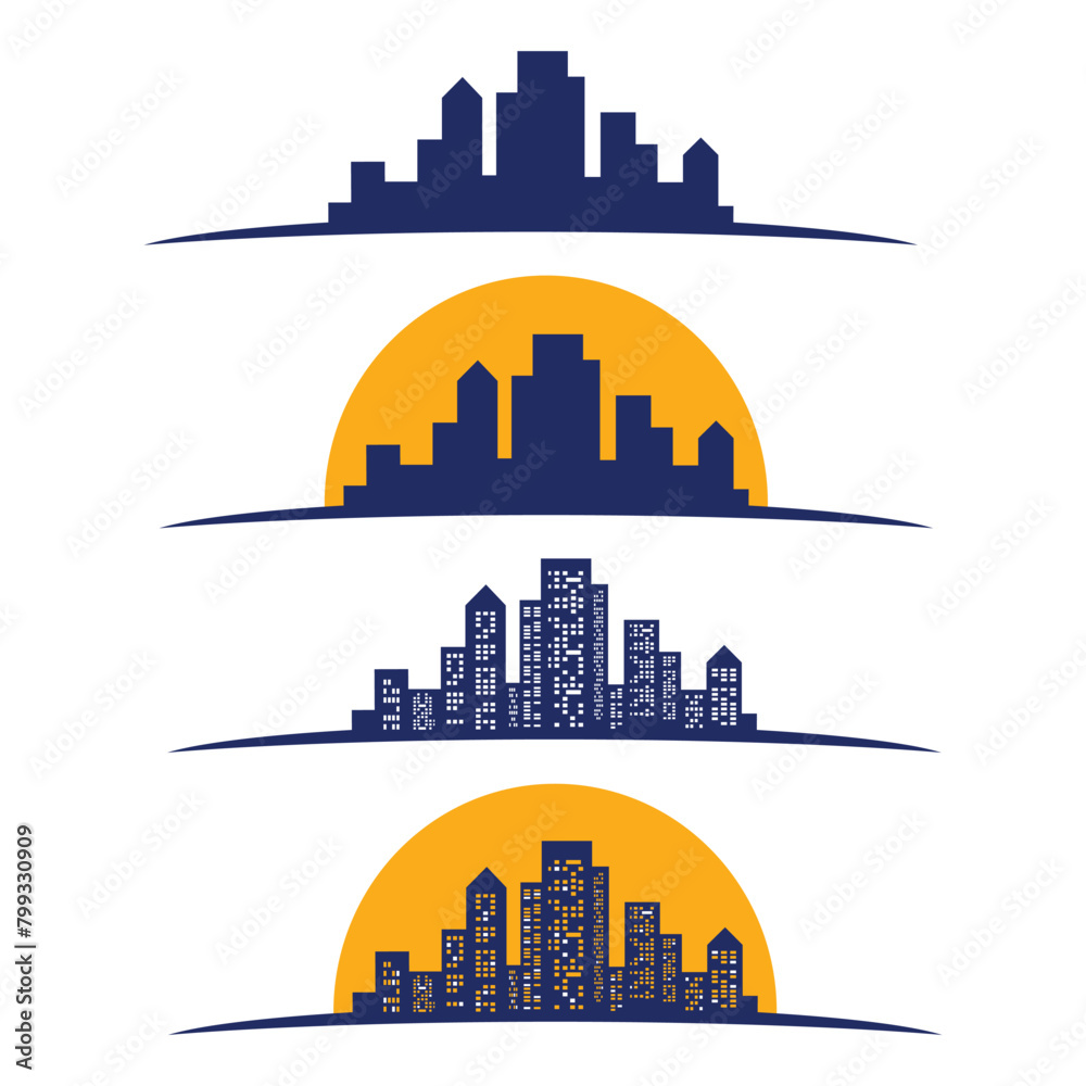 Vector sunset city skyline with modern buildings silhouette with reflection in water. Vector illustration. Skyscrapers in big city at sunset.City skyline silhouette.
