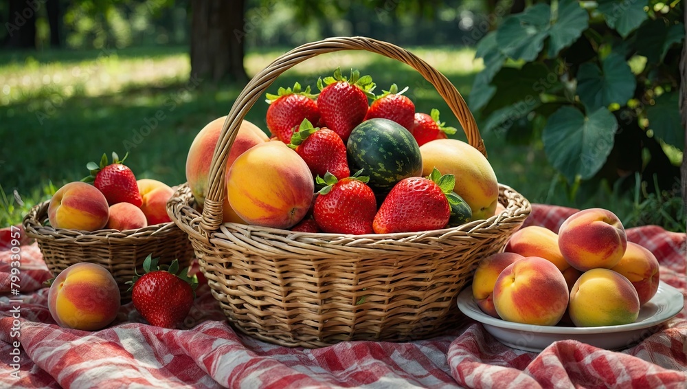 A fruit basket full of fresh watermelons, melons, strawberries and peaches, placed on a blanket in the shade of trees A fruit basket full of fresh watermelons, melons, strawberries and peaches, placed on a blanket in the shade of trees