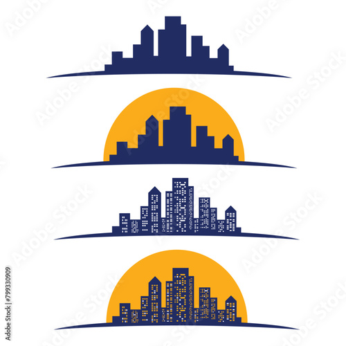 Vector sunset city skyline with modern buildings silhouette with reflection in water. Vector illustration. Skyscrapers in big city at sunset.City skyline silhouette.
