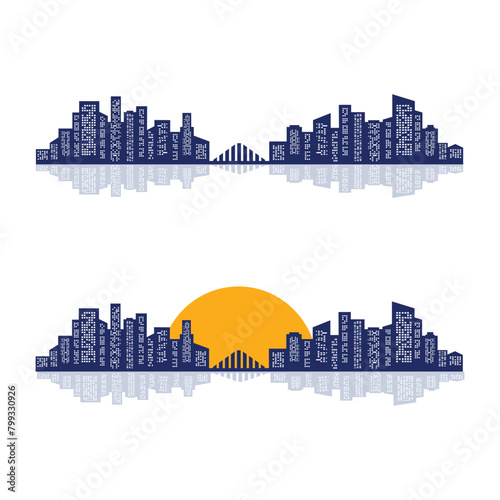 City architecture vector illustration, skyline city silhouette, skyscraper, flat design with reflection in water. Skyscrapers in big city at sunset. Bridge at sunset. City skyline silhouette.
