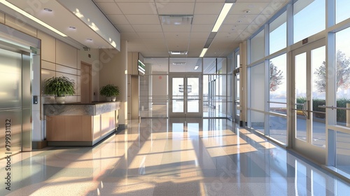 a bright, modern, and spacious hospital entrance, complete with automatic sliding doors and a contemporary reception desk, amidst a tranquil and comfortable environment that puts patients at ease.