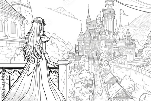 Fairy tale princess by magic palace coloring page for children. Black and white picture. AI Generated 