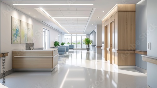 a bright, modern, and spacious hospital entrance, complete with automatic sliding doors and a contemporary reception desk, amidst a tranquil and comfortable environment that puts patients at ease.