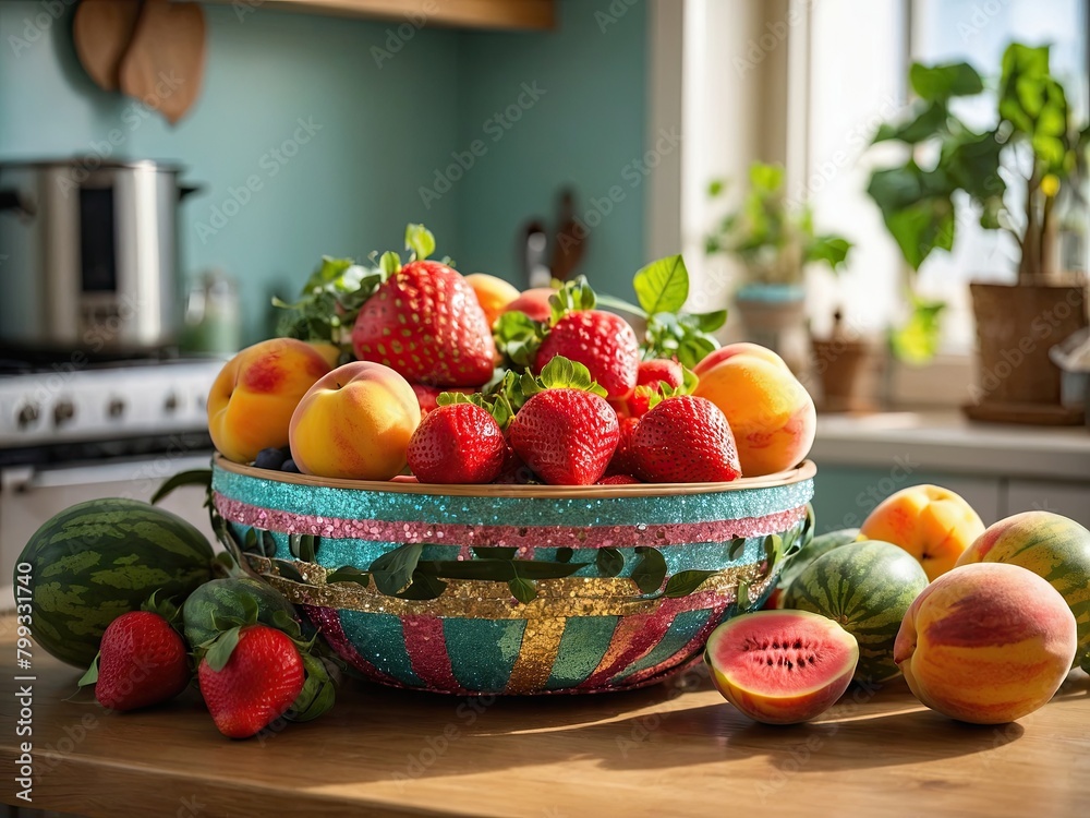 A fruit basket of watermelons, melons, strawberries and peaches arranged on a table in the sunny kitchen. A fruit basket of watermelons, melons, strawberries and peaches arranged on a table in the sunny kitchen.