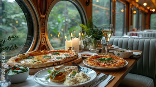 a modern high-speed rail train table adorned with a tablecloth, featuring tantalizing Western cuisine such as steak and pizza spread across it, enticing passengers with a feast on the move.