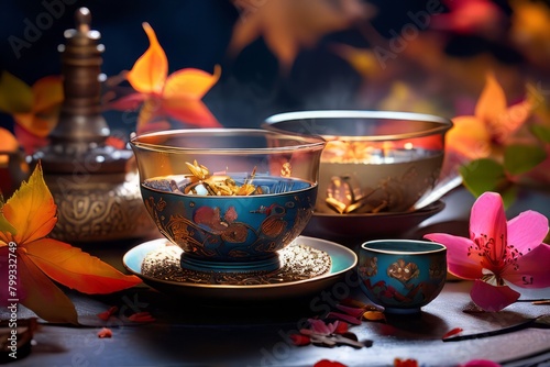 Vibrant Tea Ritual  A captivating display of colorful tea cups  scattered loose leaves  and a lively backdrop  evoking a sense of joy and relaxation.