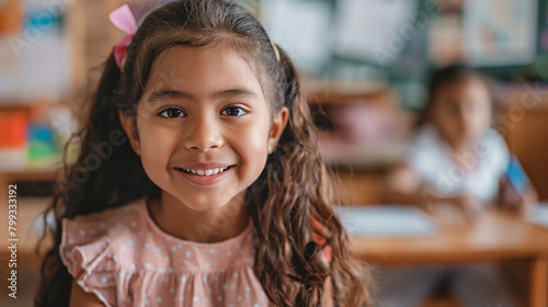 Happy Hispanic girl learning during class at elementary school and looking at camera.