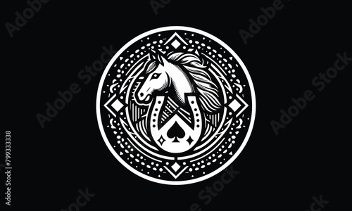 Circle, round logo with horse head, horse shoe, playing card design logo 